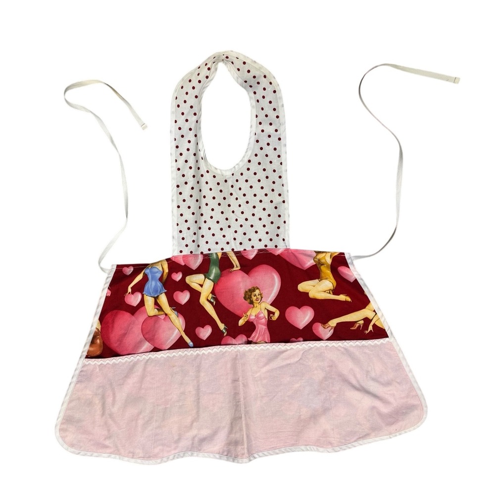 Vintage Style Pinup Girl Polka Dot Bib Apron Red Pink Hearts Ric Rac Trim Pocket